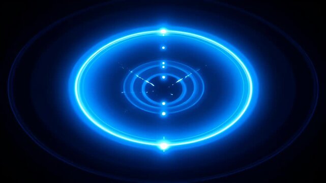 Blue neon circular concentric cycle elegance business abstract light ring with glowing abstract target graphic on black background and futuristic digital design for SEO friendly visual content