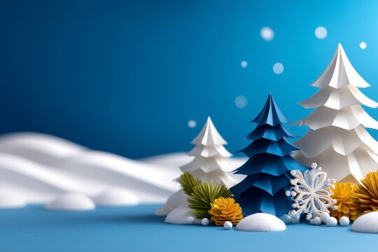 Paper Style Winter Scene with Pine Trees and Snowy Landscape in Vibrant Colors and Layers