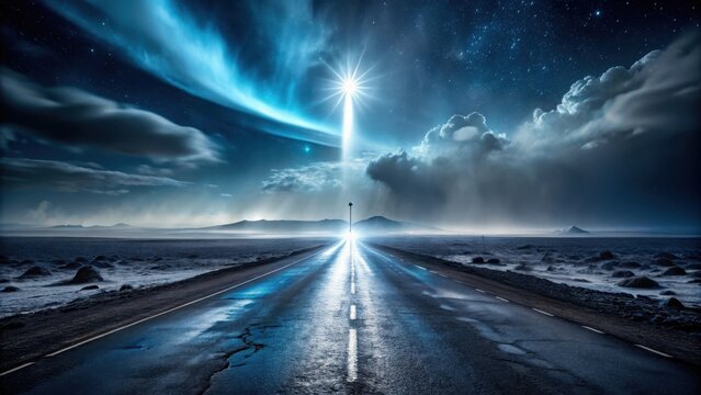 A Celestial Guiding Light Illuminates the Path Ahead on a Deserted Road Under a Starry Night Sky