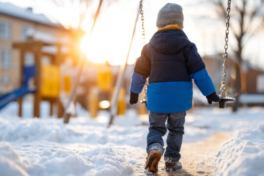 Child Walking Toward Swing in Snow-Covered Playground at Sunset