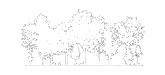 Obraz premium Minimalist tree line outline vector, architectural landscape forest silhouette, black and white nature border for site plans and urban design