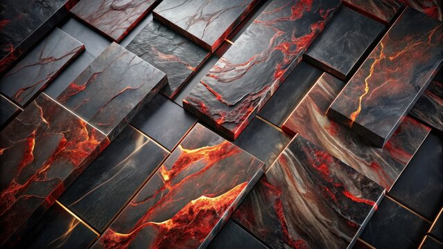 Abstract Volcanic Rock Texture Dark Blocks with Molten Lava Veins and Gold Accents