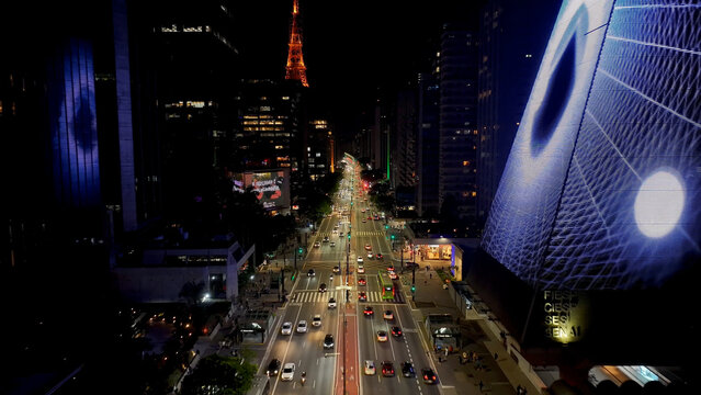 Paulista Avenue At Night In Sao Paulo In Brazil. Highrise Buildings Landscape. Downtown Cityscape. Night City. Paulista Avenue At Night In Sao Paulo In Brazil. Business Travel. 