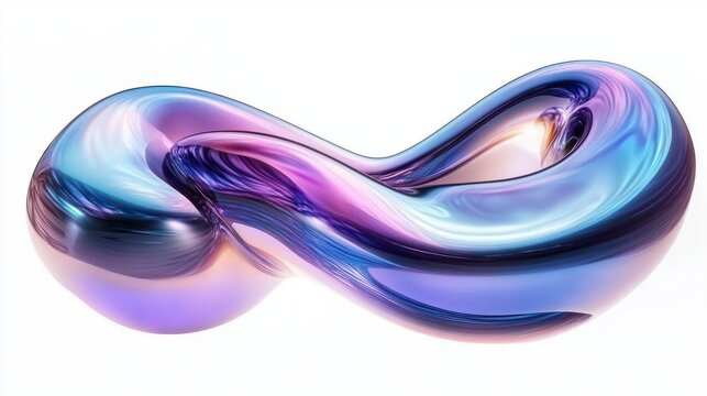 iridescent glossy twisted infinity loop sculpture in blue purple and pink on white background evoking futuristic serenity and fluid elegance