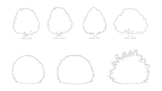 Minimalist tree outline vector set, simple line art garden shrubs and bushes, 7 nature plant silhouette icons for landscape design and architecture