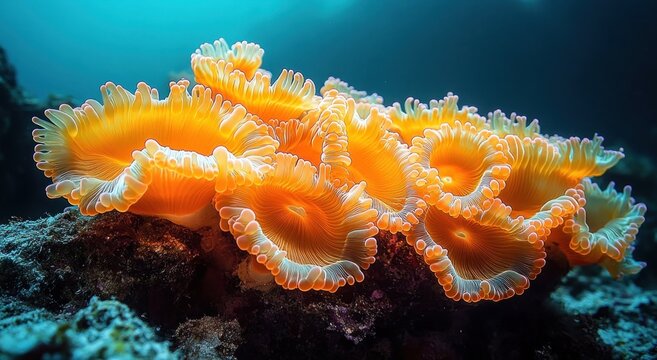 Vibrant orange frilly sea anemones carpeting a rocky seafloor under soft turquoise light, serene and otherworldly mood
