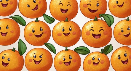 Naklejka premium Pattern of smiling cartoon oranges with green leaves showing cheerful, winking and playful expressions