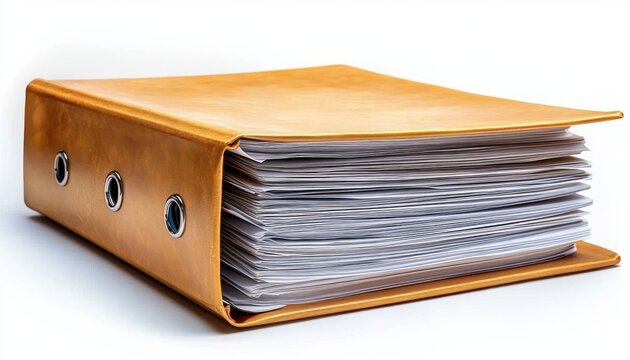 thick yellow binder filled with a dense stack of white documents on a white background conveying organized yet overwhelming paperwork