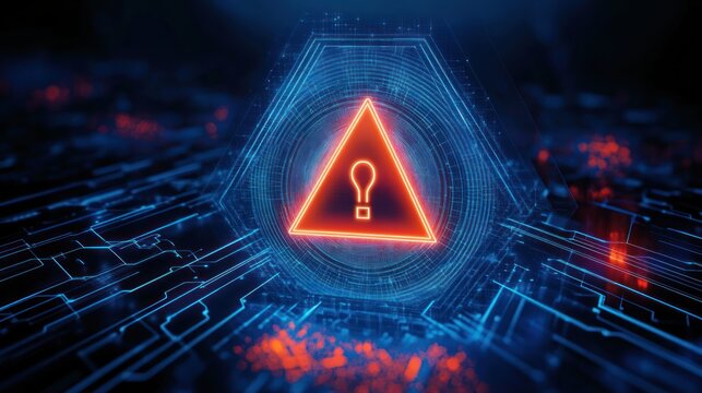 glowing orange warning triangle with lightbulb alert icon inside hexagonal blue digital circuitry on a dark futuristic circuit board, urgent tense mood