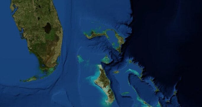 Little Stirrup Cay on Globe. Zoom into the island with Earth spinning in space. High detail physical world map with Little Stirrup Cay on it. Elements of this image furnished by NASA.