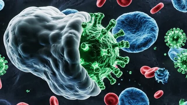 Photorealistic 3D immune system battle animation white blood cells attacking viruses spiky virus particles moving rapidly macrophages engulfing pathogens glowing effects energy pulses dark microscopic