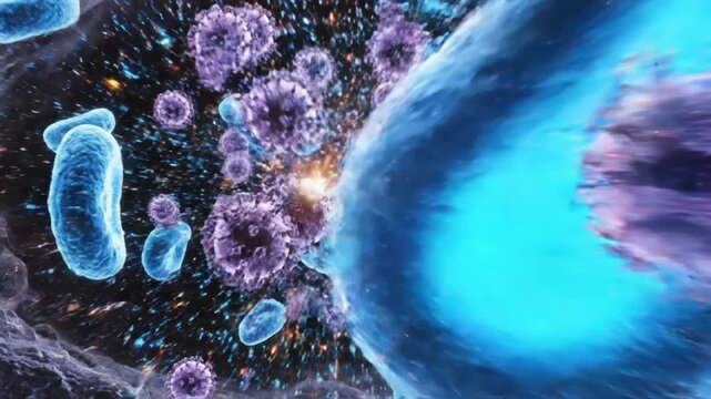 3D cinematic immune response battle animation white blood cells defending body against viruses dynamic interactions engulfing signaling bursts glowing particles dark micro environment fast motion 