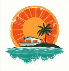 Obraz premium Beach house on a tiny tropical island with palm tree, sandy shore and turquoise waves beneath a large orange sun with rays, evoking peaceful summer relaxation