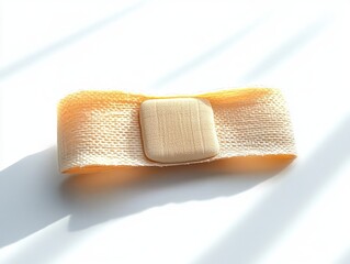 Obraz premium beige elastic adhesive bandage with square absorbent pad resting on white surface bathed in soft sunlight, conveying calm healing