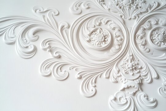 white ornate plaster ceiling relief with floral rosettes and flowing acanthus scrollwork conveying elegant serene decorative interior detail
