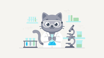 Curious Cat Scientist: A charming cartoon cat, donned in lab coat and protective eyewear, stands in a modern laboratory, engrossed in conducting scientific experiments. © Duran