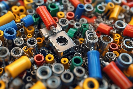 close-up of a pile of colorful insulated plugs, metal sockets and terminals forming a busy energetic jumble of electronic hardware