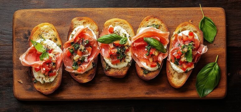 Five toasted crostini topped with fresh mozzarella, thin cured ham, diced tomatoes, basil and seasoning on a wooden serving board, appetizing and inviting