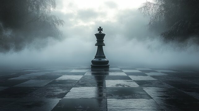 lone black king chess piece on a wet reflective chessboard in a foggy forest clearing under a cloudy sky, evoking solitude and ominous calm