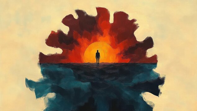 Solitary silhouette standing on the horizon before a blazing orange sun over a dark churning sea, evoking solitude, introspection and awe