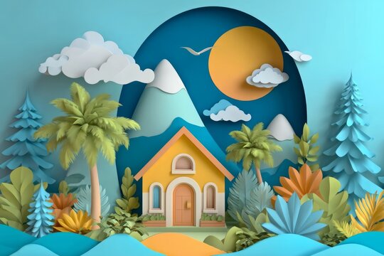 Eco-Friendly House Design with Colorful Nature Elements in a Paper Cut Style Landscape Illustration