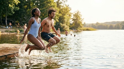 Fototapeta premium Diverse young couple jumping into lake from wooden dock on summer vacation