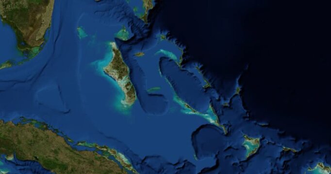 Pig Beach on Globe. Zoom into the island with Earth spinning in space. High detail physical world map with Pig Beach on it. Elements of this image furnished by NASA.