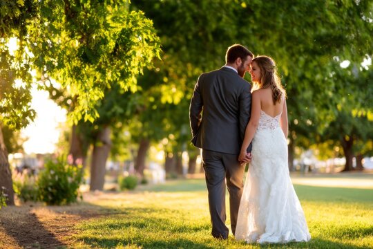 Romantic Wedding Moment in Soft Grass Park with Golden Sunlight and Green Trees Surrounding the Couple