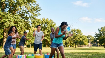 Obraz premium Diverse Multi-Generational Family Having Fun Water Balloon Fight in Sunny Park