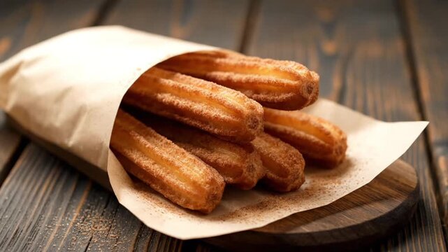 A neatly stacked group of churros showcasing their ridged texture and golden brown color, styled for a warm and inviting dessert presentation.