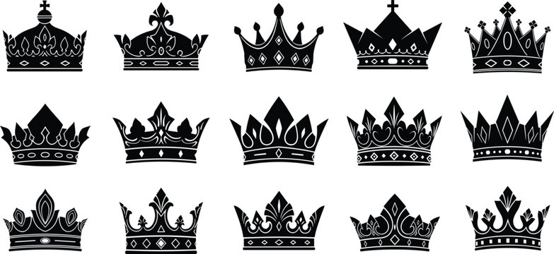 Black Silhouette Royal Crown Collection Set of Fifteen Decorative Vintage King Queen Heraldic Vector Icons Illustration