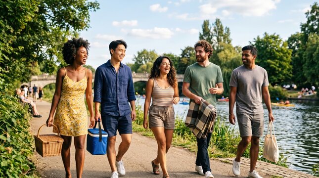 Diverse Group of Young Adult Friends Walking Together on a Riverside Path for a Summer Picnic