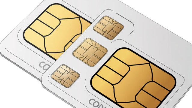 Four colorful sim cards arranged in a card tray with gold connectors Vector