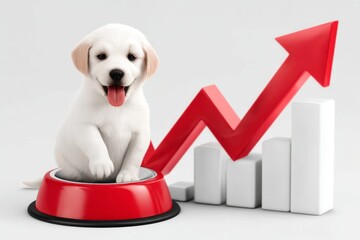 Naklejka na ściany i meble Adorable puppy sitting in food bowl beside rising arrow graph symbolizing growth and success in pet care industry