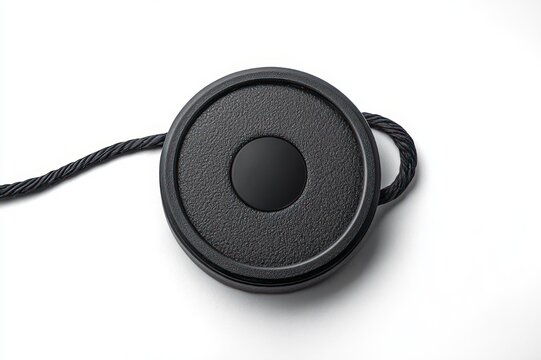 black circular cable winder with textured surface and central smooth button, braided cord looped around on white background, minimalist and tidy