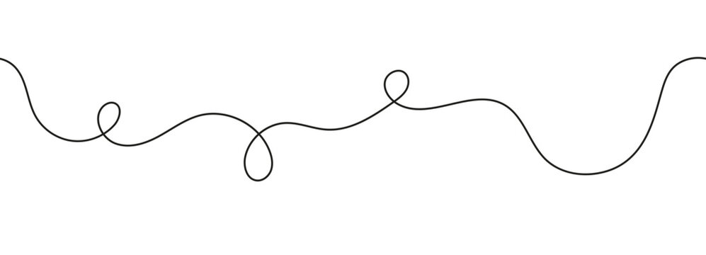 Continuous wavy line with loops and curls. Minimal black hand drawn squiggle divider with curls. One long pattern line