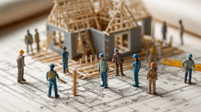 Construction Blueprint: An intimate glimpse into the planning and realization of a building project, with miniature figures meticulously assembled around architectural blueprints.