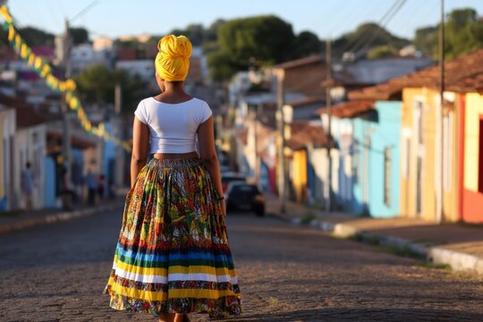 Woman in Traditional Brazilian Attire Stands in Back View on Colorful Street in Bah, Showcasing Cultural Heritage