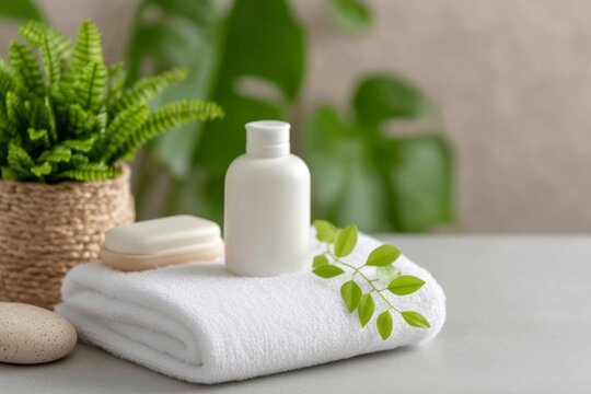 Minimalist Arrangement of Baby Essentials with Soft Towel, Soap, and Greenery for Clean and Serene Atmosphere