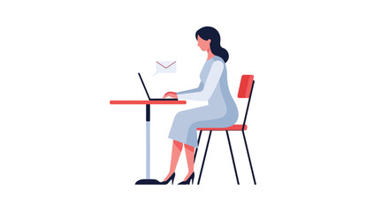 Fototapeta premium A woman sits at a red desk with a laptop, receiving or sending an email notification, depicted in a clean, flat vector illustration style.