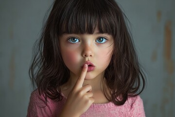 Fototapeta premium young girl with long dark hair in a pink sweater holding a finger to her lips, face blurred, shy and contemplative mood