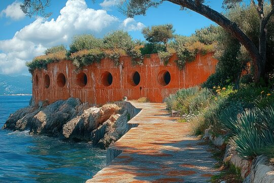 Tranquil seaside stone path leading past a rust-colored coastal wall with circular openings, rocky shore, trees and wildflowers under a bright blue sky