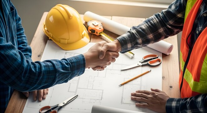 Construction workers finalizing a deal with a handshake over blueprint plans
