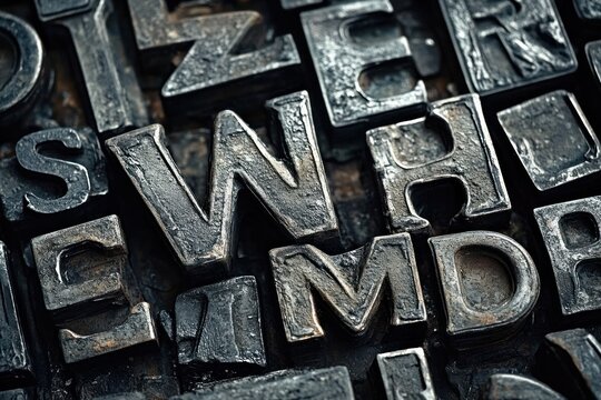 Close-up of worn metal letterpress type blocks stacked together with ink residue and textured patina, evoking nostalgic tactile creative industrial craftsmanship