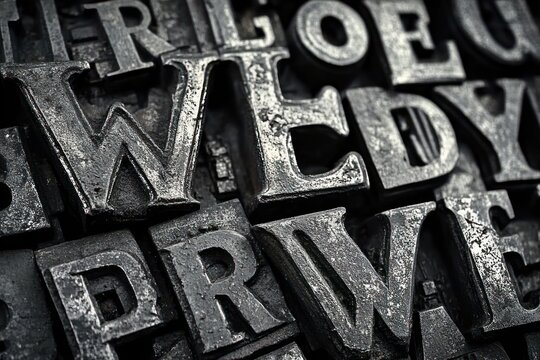 Close-up of worn metal letterpress type blocks stacked tightly, gritty tactile texture and dramatic lighting evoking a nostalgic industrial mood
