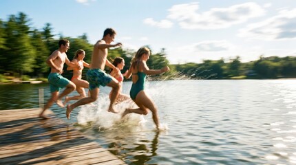 Fototapeta premium Group of Young Adult Friends Jumping Off Wooden Dock into Lake Water on Summer Vacation