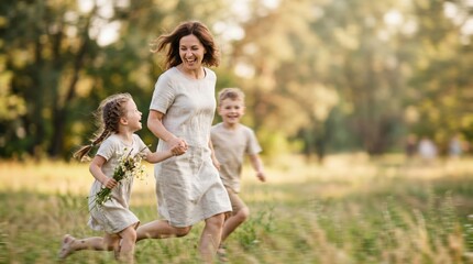 Fototapeta premium Happy Caucasian Mother and Two Young Children Running Together in a Sunny Summer Meadow