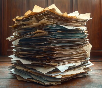 tall messy stack of aged yellowed papers with torn edges on a wooden table against wood-paneled background, evoking nostalgia and a sense of overwhelm