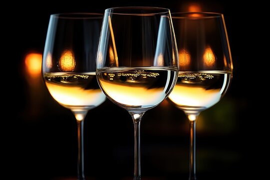 Three stemmed wine glasses filled with white wine reflecting warm amber lights on a dark background, elegant intimate atmosphere