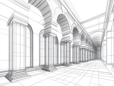 long classical columned arcade with repeating arches, vaulted ceiling and tiled floor in a precise monochrome architectural line drawing conveying calm grandeur